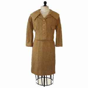 Vtg 60s Wool Boucle Jacket Skirt Suit S